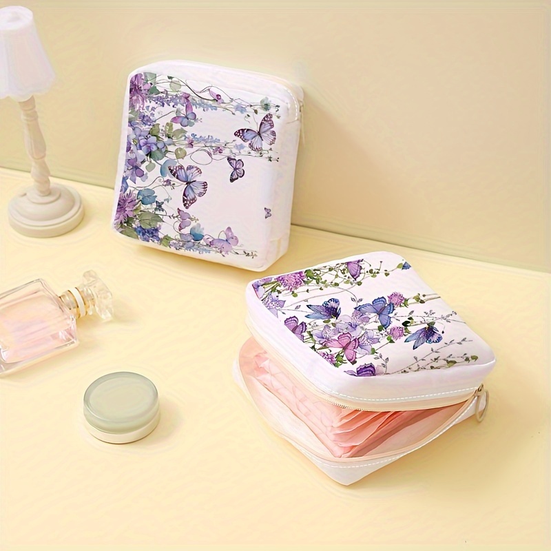 

1 Pc Mini Purple Flowers Pattern Sanitary Napkin Zipper Bag, Lightweight Versatile Storage Bag For Women