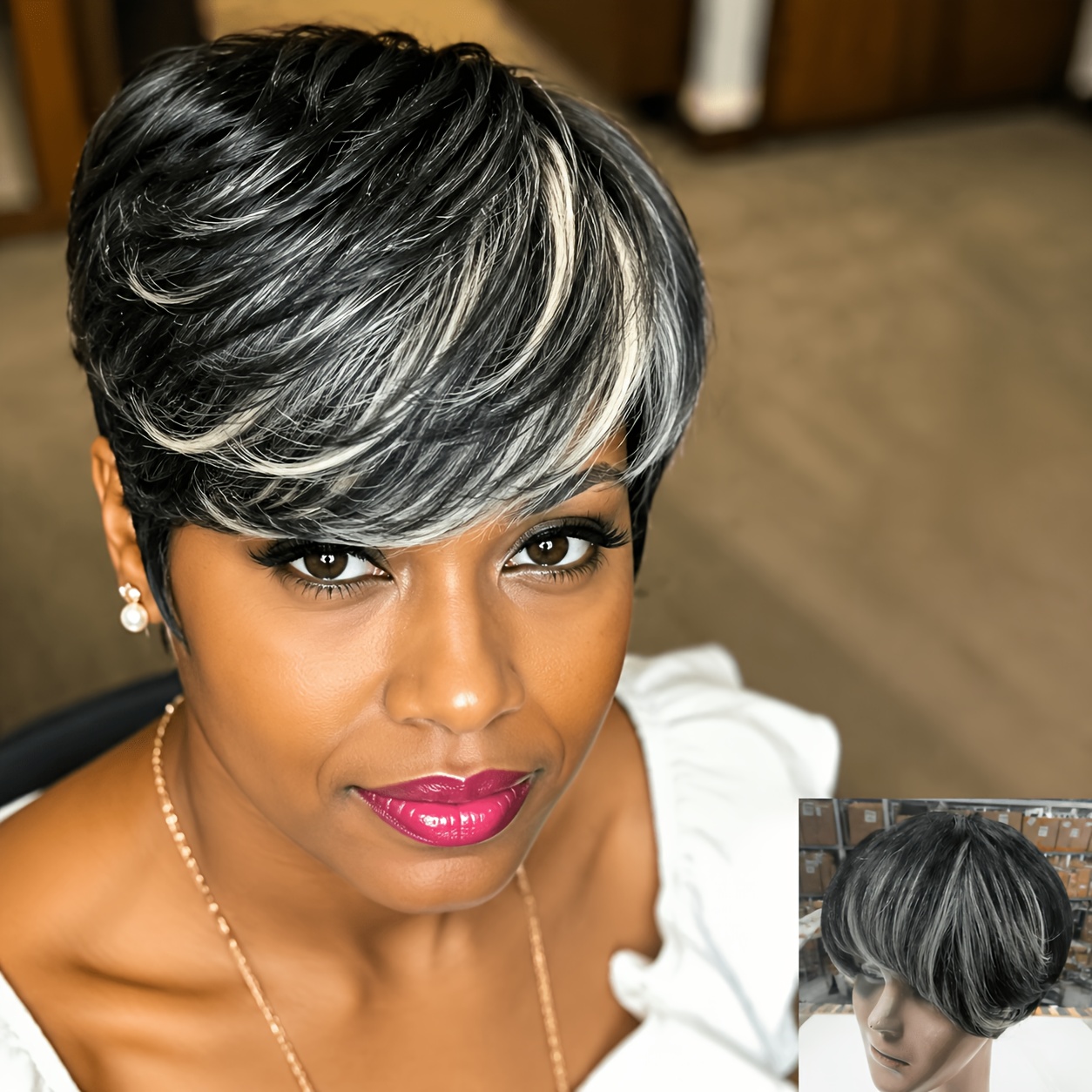 TEMU Brazilian Human Hair Wig Suitable For Women - 6 Inch Short Cut With Bangs, Density Straight Hair For Daily Wear & Cosplay, Elastic For And Hair