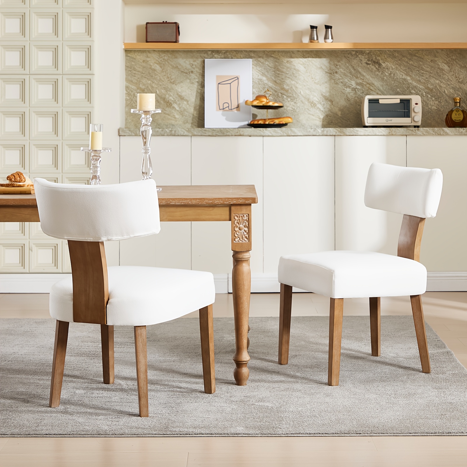 DMKAI Set Of 2 Farmhouse Rustic Dining Chairs - White Upholstered Low-Back Backrest, Natural Wood Frame with Hand-Carved Accents, Sturdy Tapered Legs for Dining Room & Kitchen