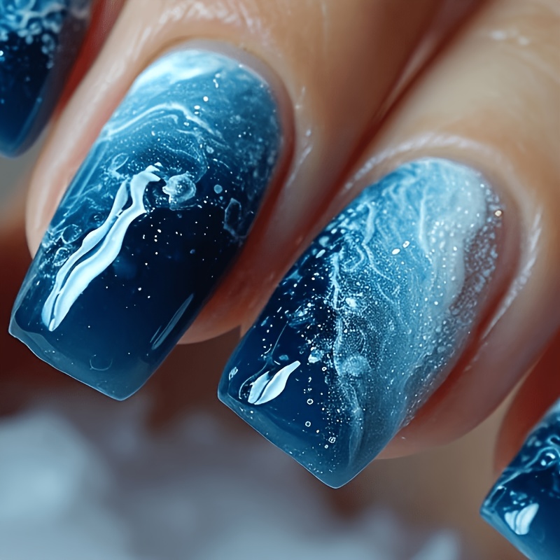 TEMU 24pcs Medium Square Wearable Nails Summer Manicure Blue Marble Fake Nails Full Cover Artificial Acrylic Nail Pieces For Women - Deep