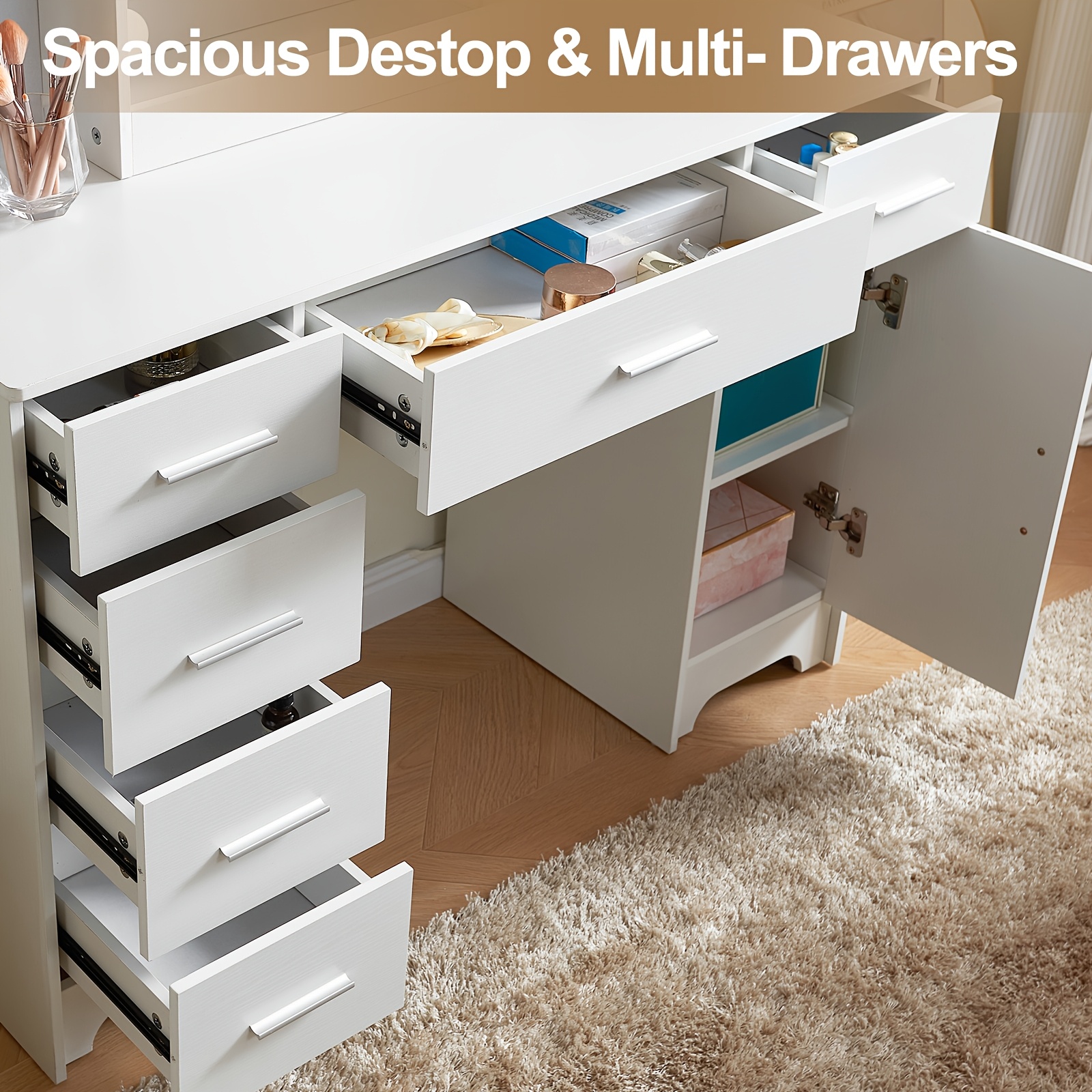 Stylish Lighted Vanity Set with Hollywood Mirror & Ample Storage