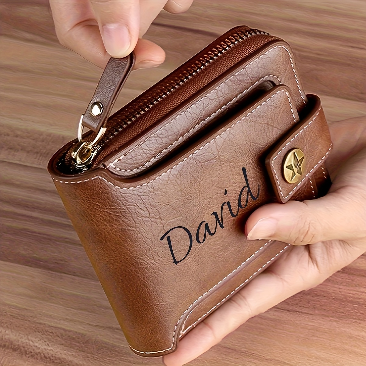 TEMU Billetera de moda para hombre personalizable con de árbol - compacto con cremallera para tarjetas y monedas, marrón [Texto personalizado]