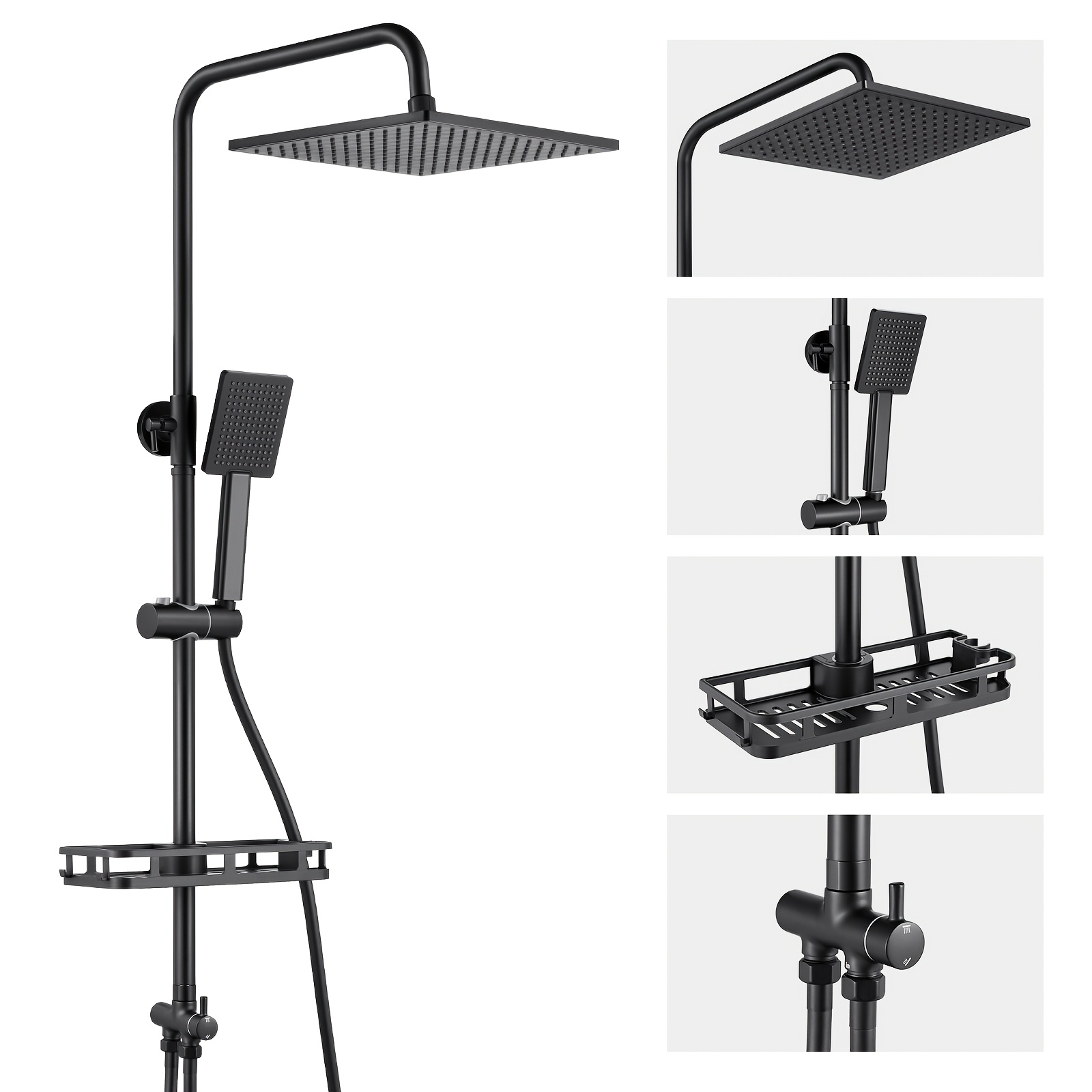 Image of Two-function Shower Set With Shelf, 10-inch Square Overhead Showerhead, Adjustable Telescopic Arm, 1.5-meter Anti- Hose, No-drill Installation, Chrome Finish