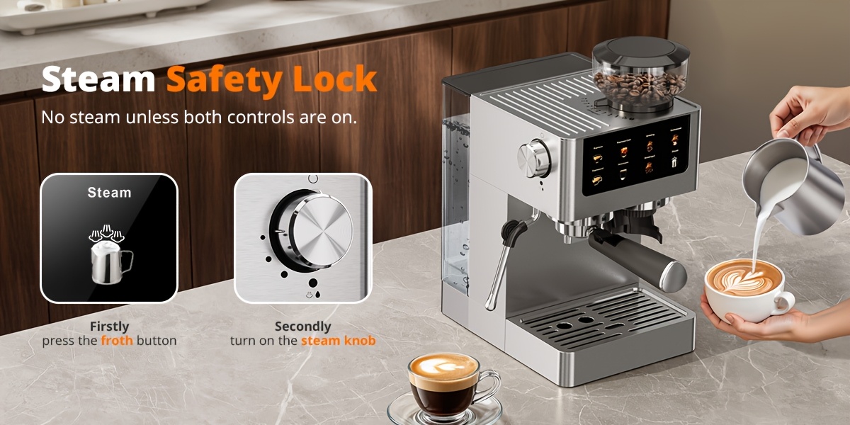 20Bar Italian Espresso Machine, Featuring a Conical Burr Grinder, a Steam Wand for Frothing Milk, a 1.8L Water Reservoir, And a Dual Boiler Heating System, All Made of Stainless Steel. It Can Prepare Cappuccinos, Lattes, Iced Coffee, And Americanos