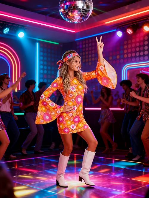 two piece 70s hippie disco style retro low neck purple trumpet sleeve dress and headband comfortable fabric suitable for halloween stage performances queuing festivals casual print