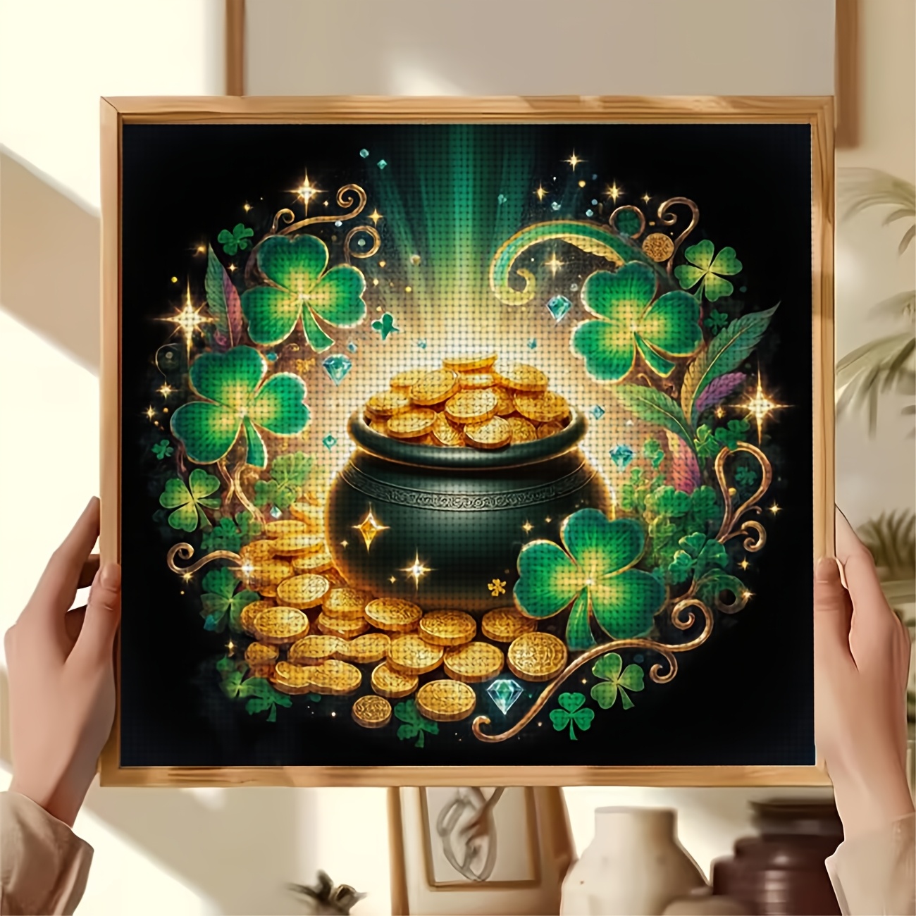 Cross Stitch Kit 'Golden Urn and Coins Four Leaf Clover' Pattern