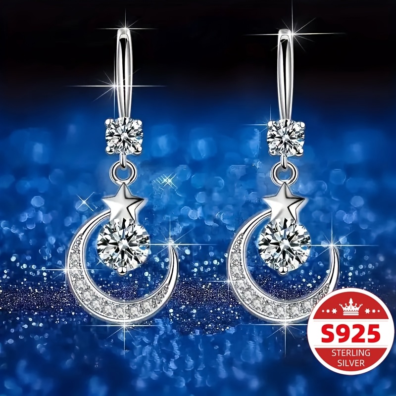 TEMU S925 Sterling Silvery Shiny Theme Drop Eearrings With Inlaid Round Cut Shiny Synthetic Zirconia Pendant, Elegant Hook Earrings For Valentine's