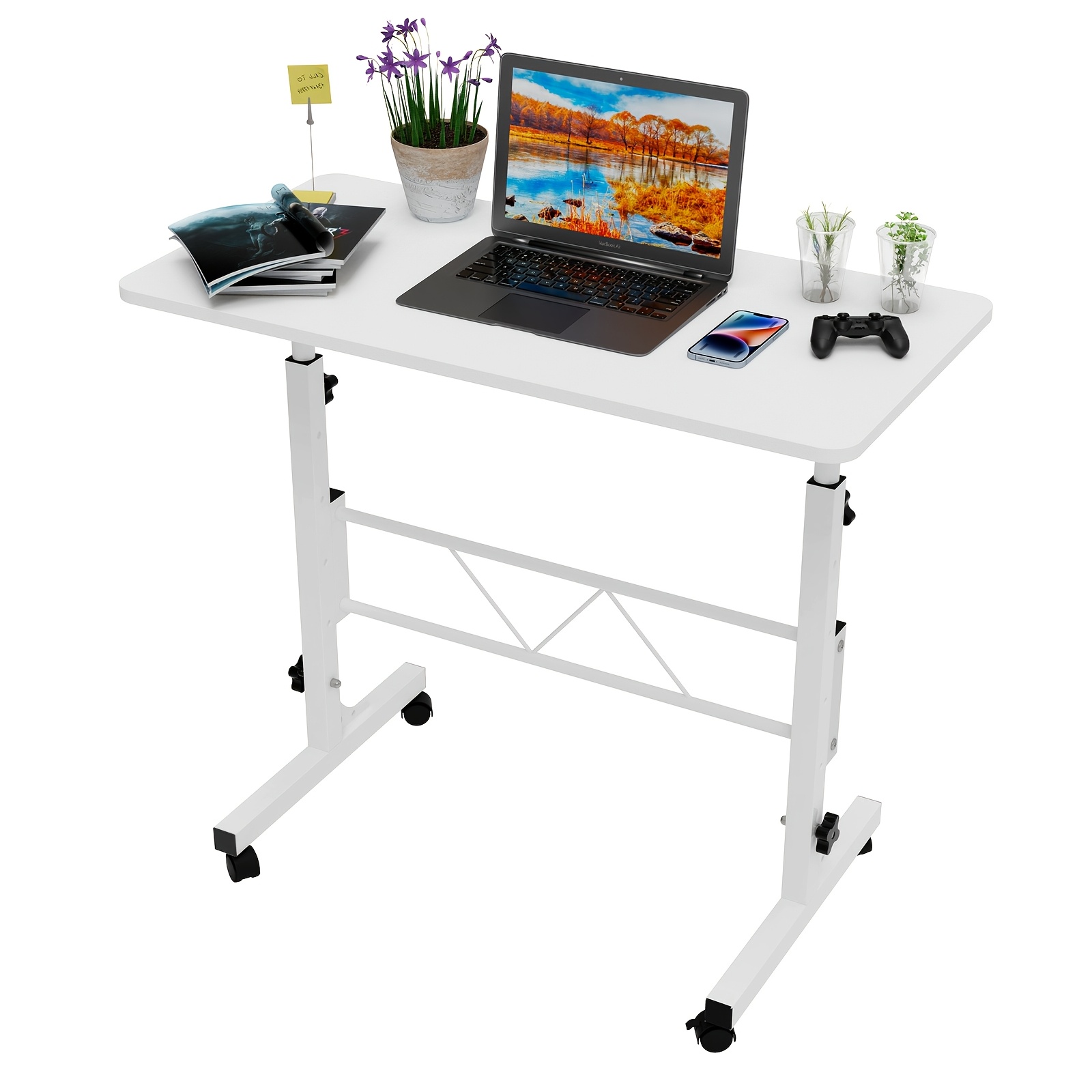 Adjustable Height Movable Bed Table 80x40cm - White Tabletop With White Metal Legs, Suitable For Beds And Sofas (height Adjustable From 74-110cm), Apartment Space.