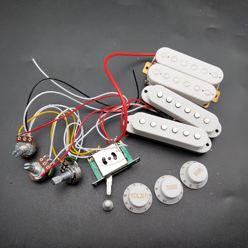 ST Guitar Wiring Harness with 5-Way Pickup Switch, 2T1V SSH Pickup, and Knob Caps - Black/White, Alloy Construction, Includes 3 Full-Size Pots (250K) for Builds and Upgrades, Guitar Upgrade Parts, Sleek Metallic Finish, Durable Metal Construction