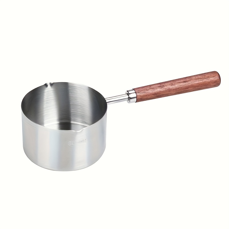 TEMU 1pc Stainless Steel Heating Pot With Wooden Handle - 304 Grade, Ideal For Milk, Chocolate, Butter, Sauces | , Rust-resistant Cooking & Serving Pot For Home And Outdoor Bbqs