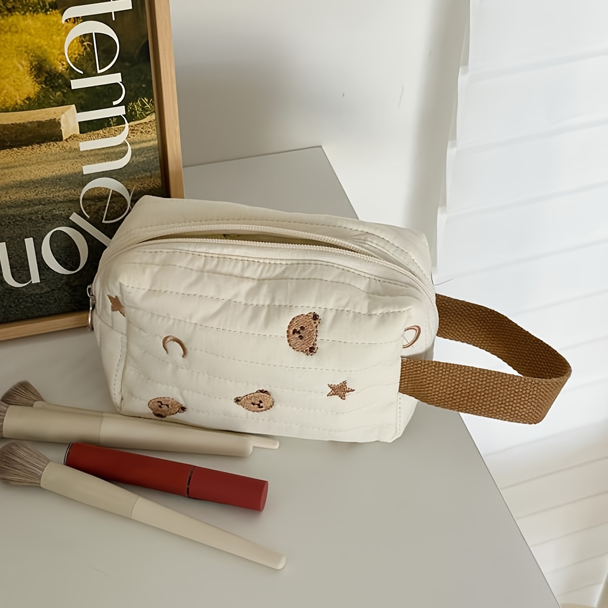 

1pc Kawaii Makeup Bag Cosmetic Case Cute Bears Storage Organizer With Handle Aesthetic Zipper Toiletry Bag Beige