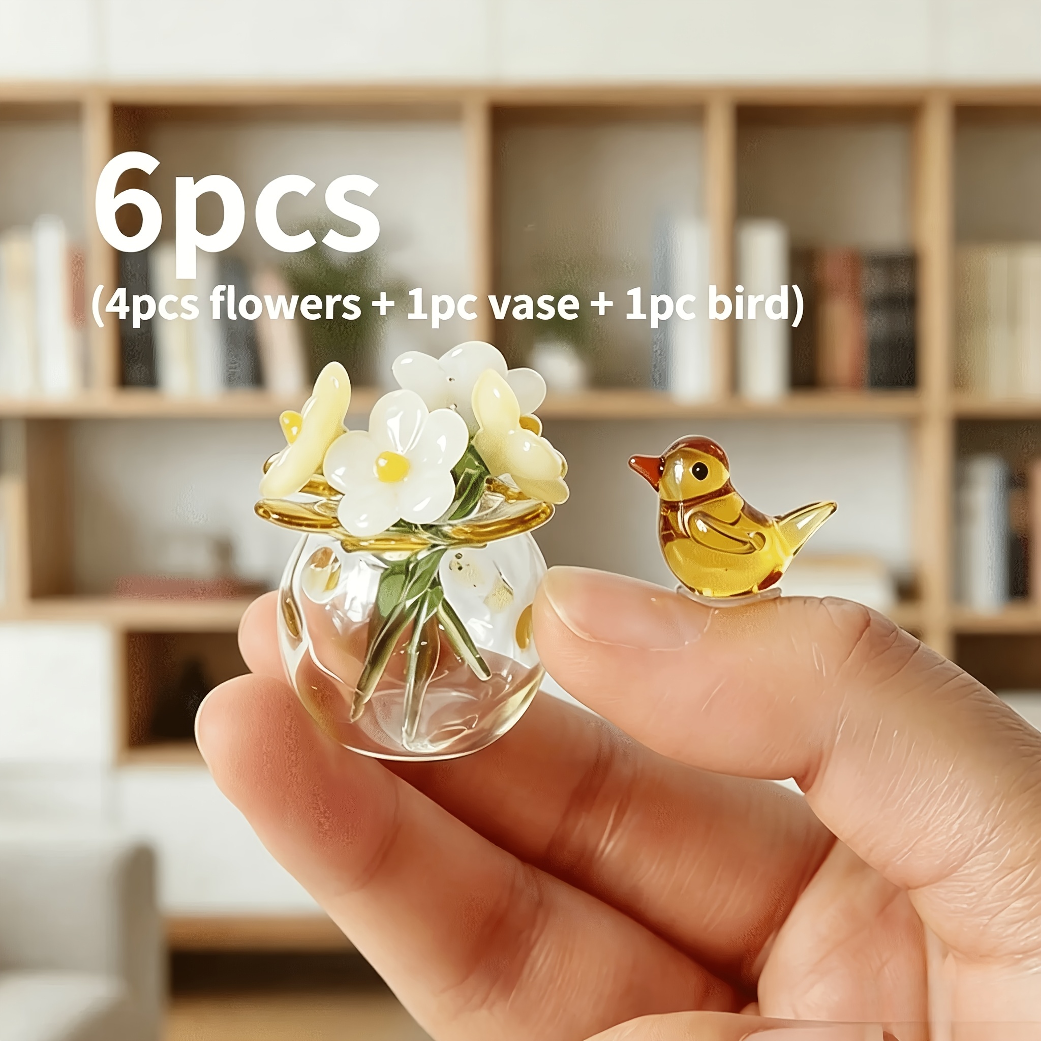 TEMU 6pcs Of Small Flower Decoration Crystal Main Flower, Vase Combination Transparent Luxury Leg Flower And Vase, Containing 4 Small Flowers, 1 Jade