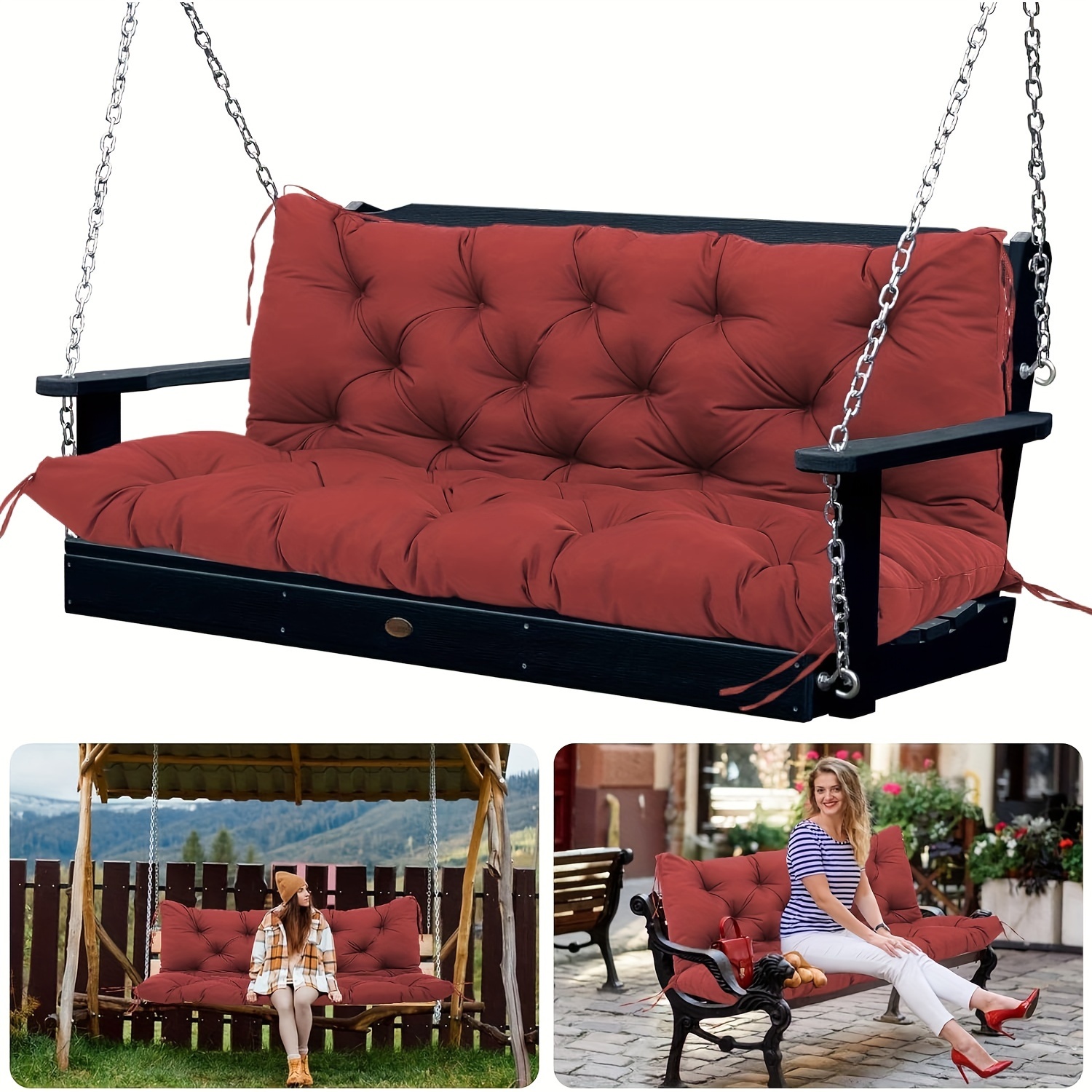 

Outdoor Porch Swing Cushions Waterproof Patio Swing Cushions 3 Seater Replacement With Backrest And Ties Thicken Swing Bench Cushions Replacement For Outdoor Furniture Lawn Garden