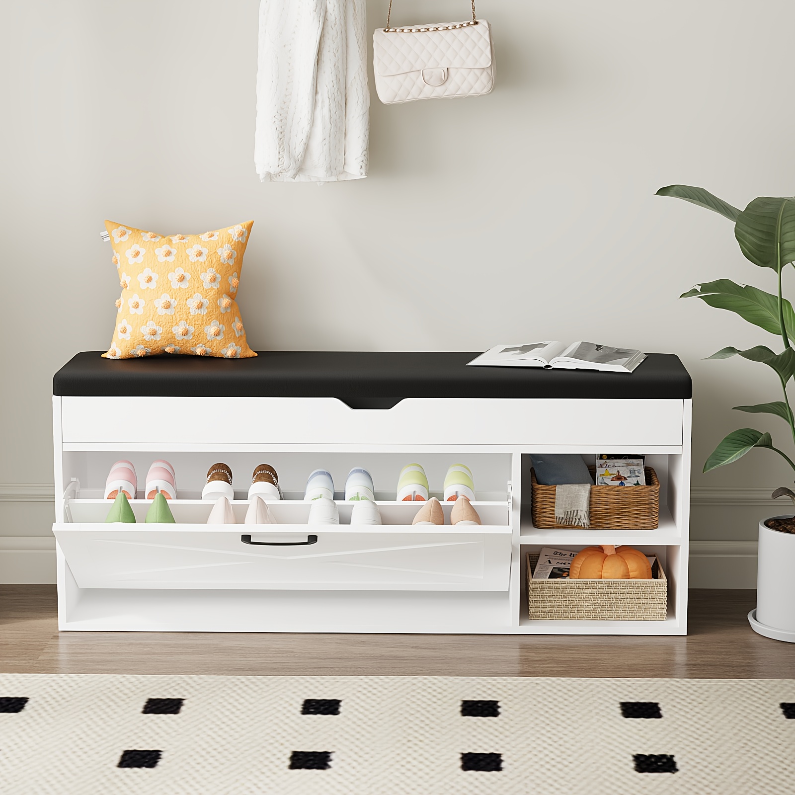 47 freestanding shoe storage bench with hidden compartment open shelves soft   leather seat white   saving design for entryway hallway or living room shoe rack 1