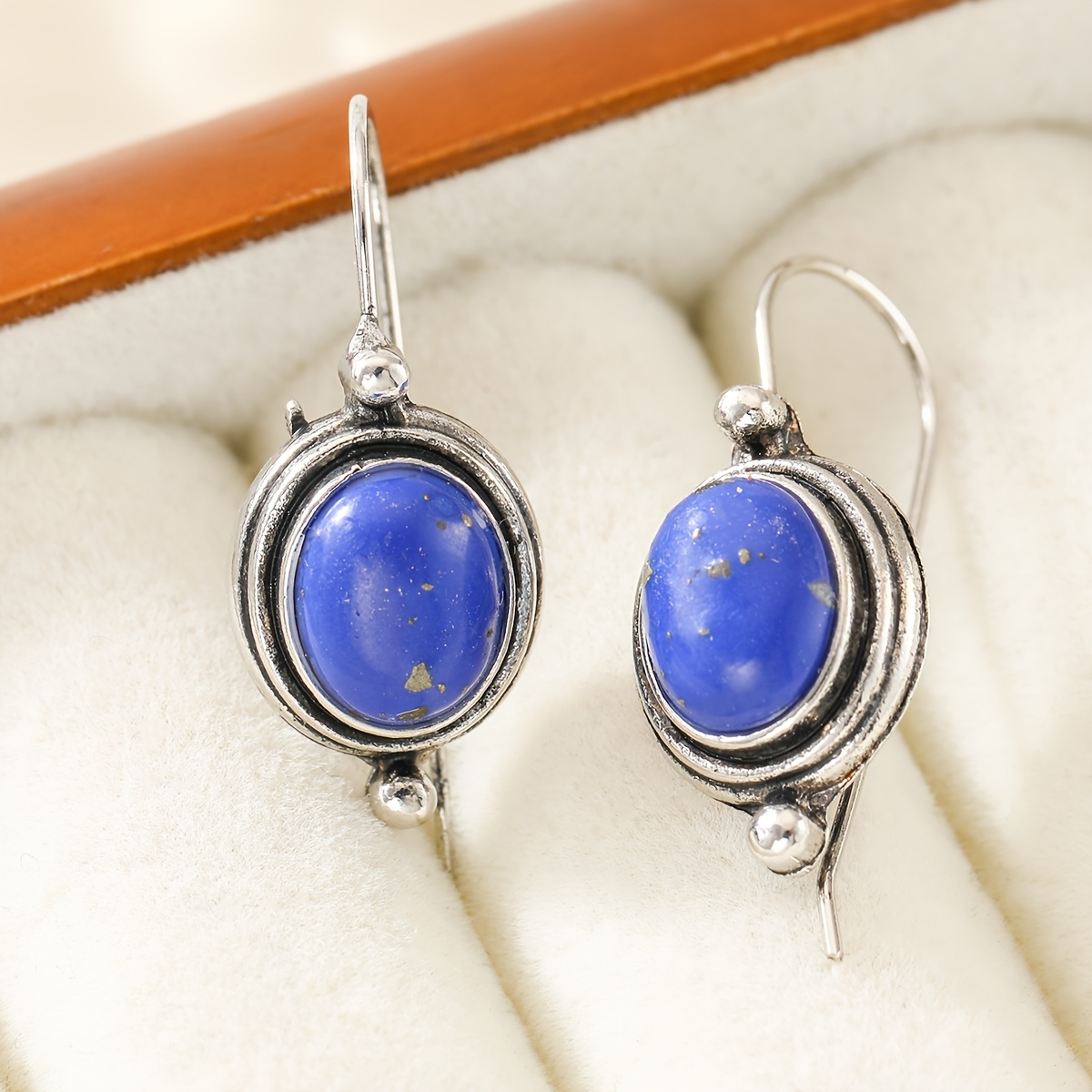 Retro Women's Oval Pendant Earrings with Blue Main Stone
