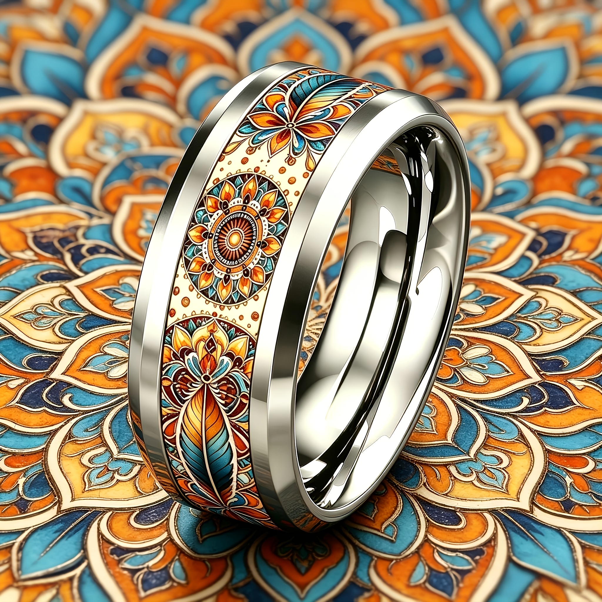 Bohemian Mandala Feather Floral 304 Stainless Steel Ring