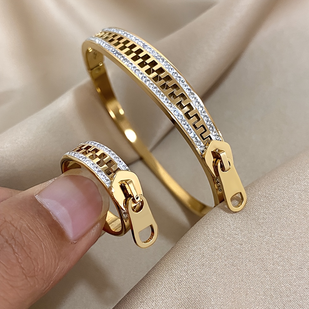 E-shop 2er-Set Luxus Reißverschluss-Style 304L Edelstahl, wasserdicht und rostfrei, Armreif, Armband, Ring, eingelegt mit 18K vergoldenetem 18K