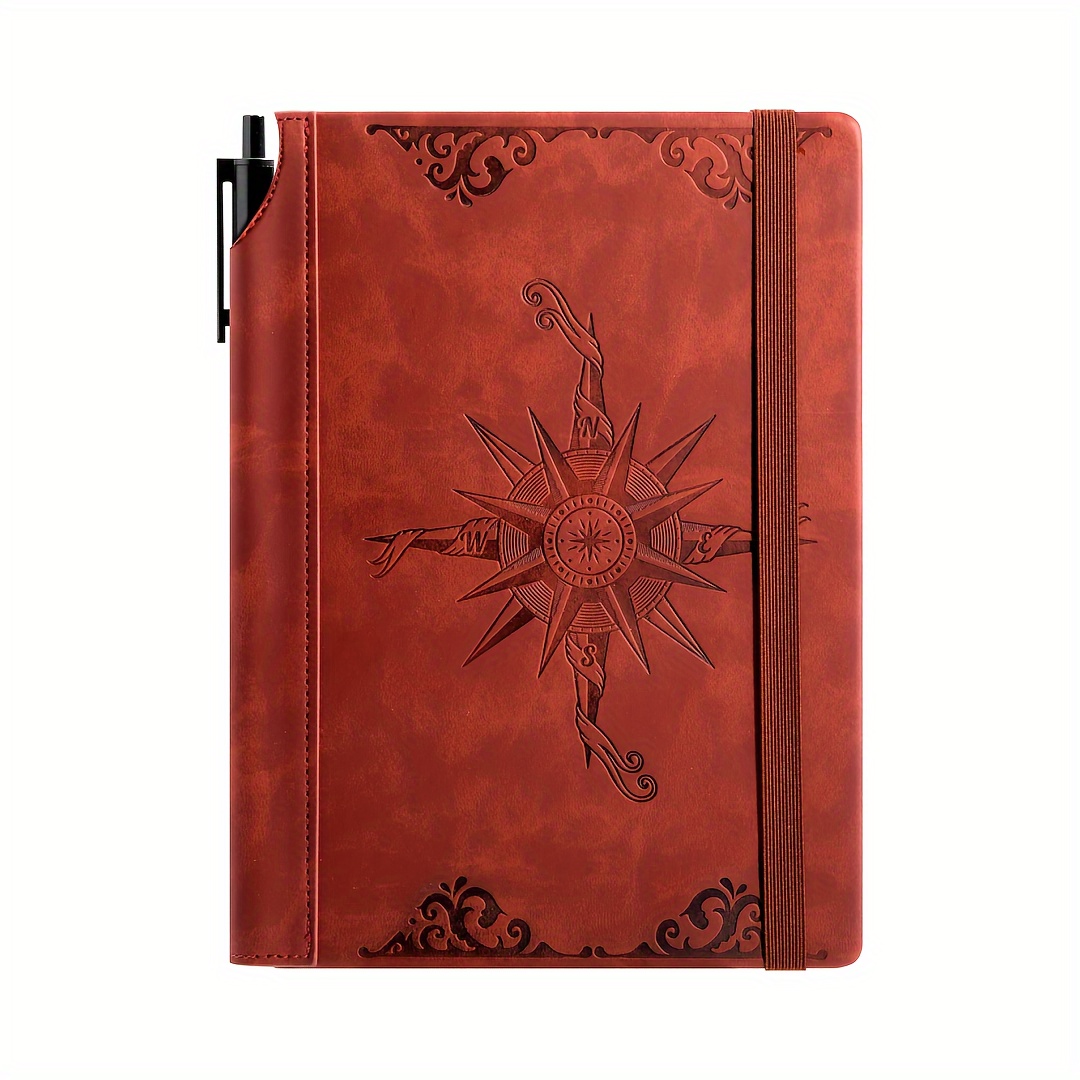 

Compass Leather Notebook: 80gsm, 362 Pages, A5 Hardcover, Pen Included, Ideal For Travel, Office, And Daily Writing