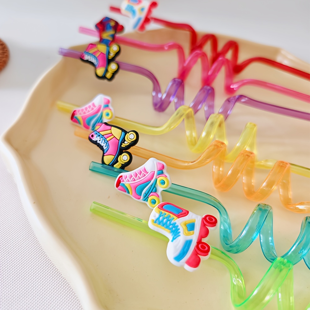 送料無料Roller Skate Party Straws, Roller Skate Party Favors Include 24pcs Reusable Drinking Straws Plastic 80s Theme Straws for Roller Skatin並行輸入