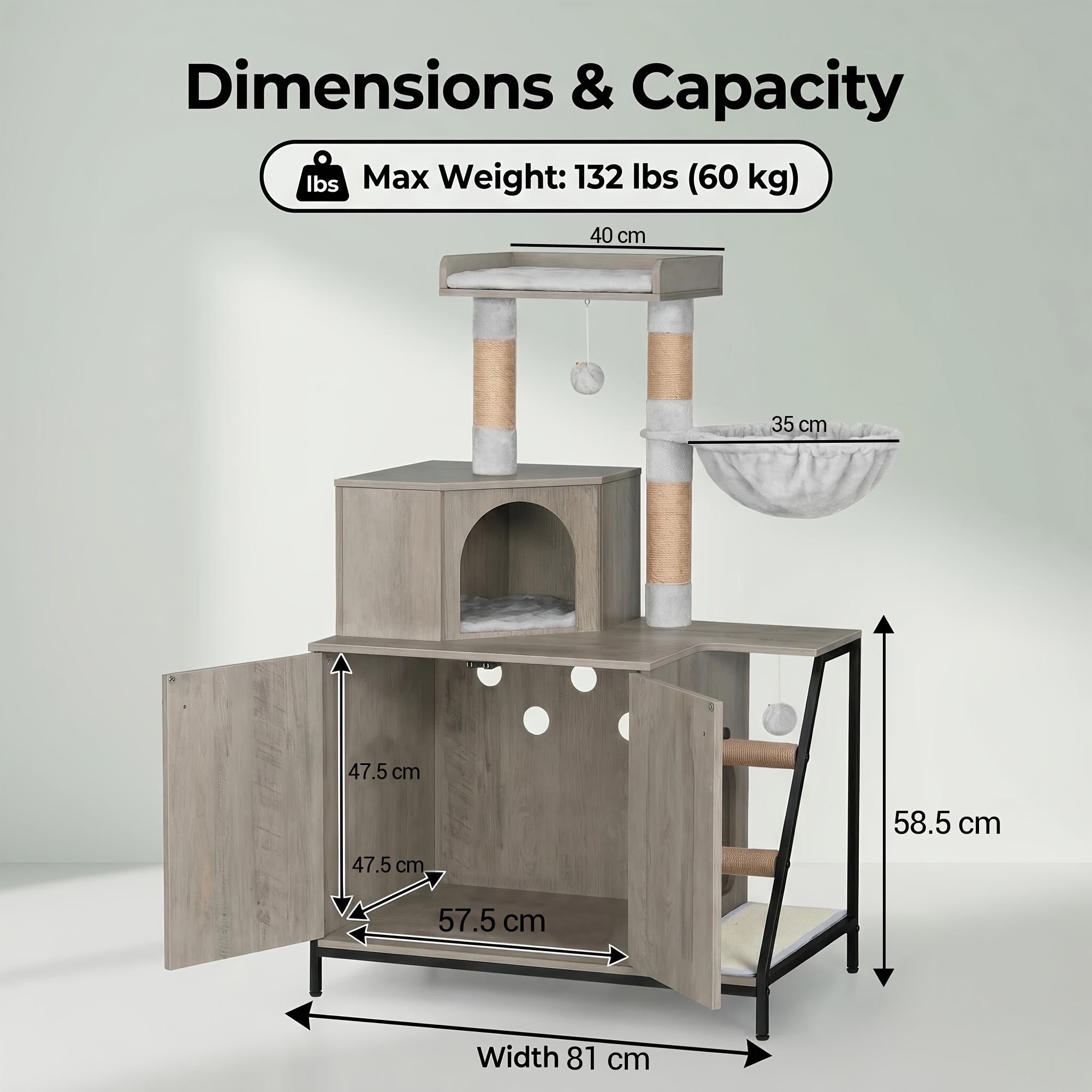 TEMU Arbre à chat moderne à plusieurs niveaux et bac à litière dissimulé avec plateforme supérieure, panier de 35 cm, poteaux à en sisal pour chats