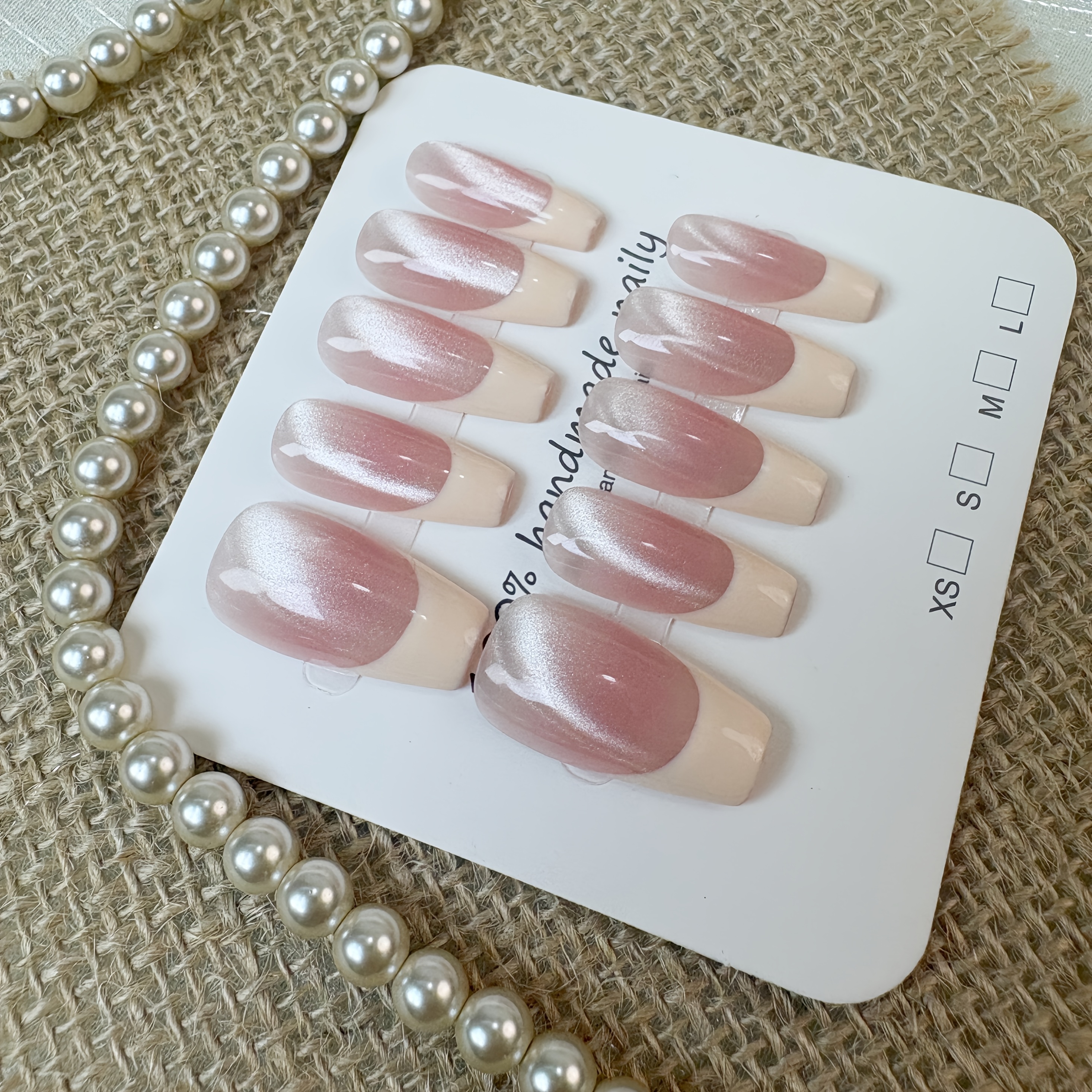 TEMU 10pcs Set Of Handmade False Nails, Medium-length Almond Shape, With A Nude Pink Base Color Featuring A Side-lit Cat-eye Texture Transparent And