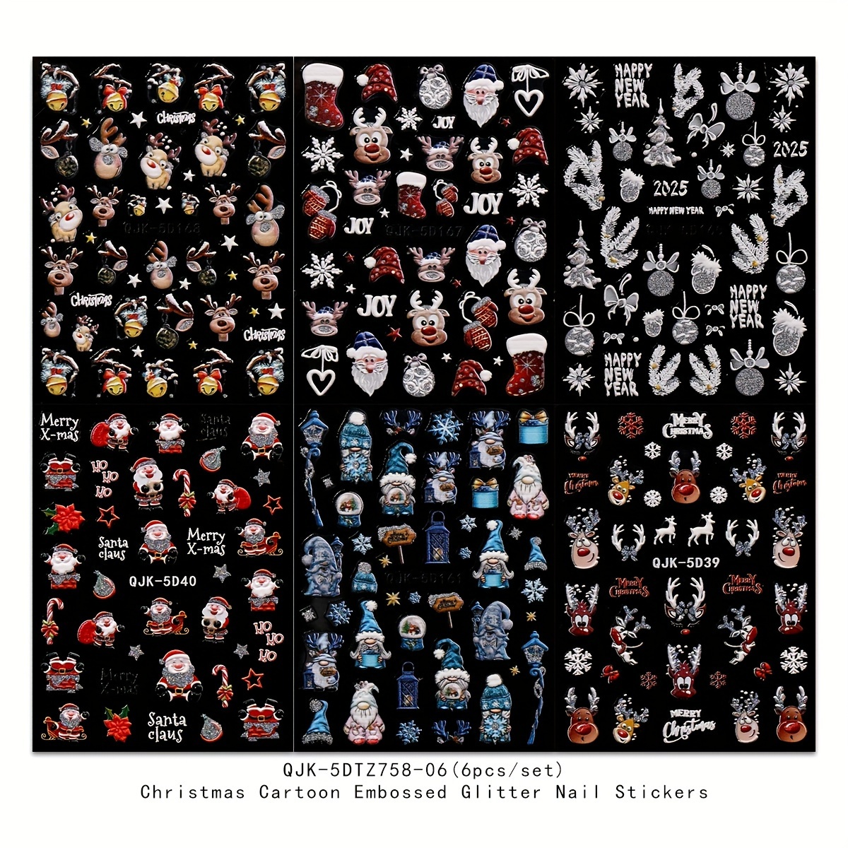 Image of 6 Sets Of Cute Christmas Cartoon Stickers Featuring Snowflakes, Santa Claus, And Reindeer, With Shiny Embossed Designs For Nail Art. Disposable Self-adhesive Decoration Tools Are Perfect For A 5d To