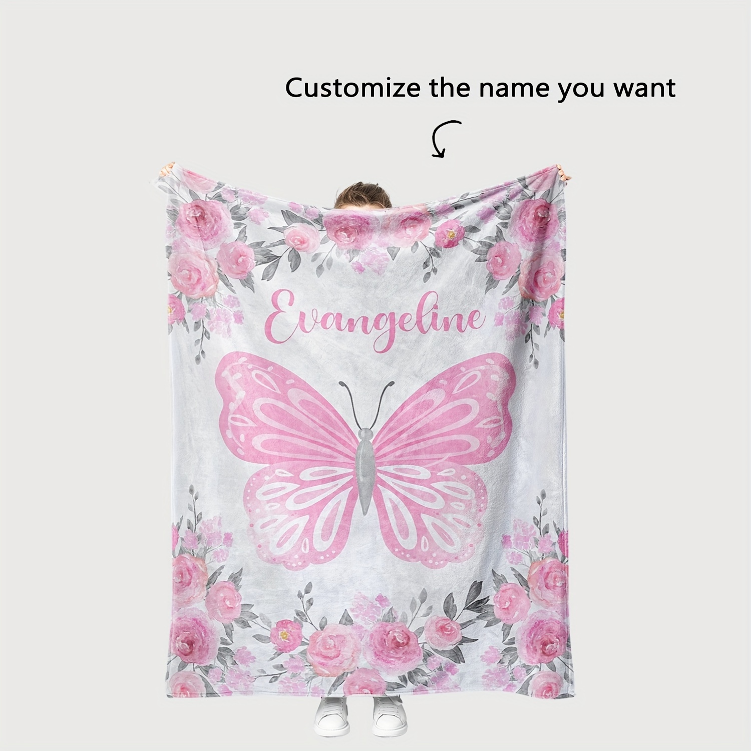 

Customizable Name Flannel Blanket - Contemporary Reversible All Seasons Digital Print And Floral Pattern, Personalized Bedding - Multipurpose Soft Polyester Knit Throw For Bedroom, Living Room, Travel