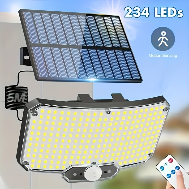 objektbild 234 led utomhussollampa med rörelsesensor, solbelysning med infraröd fjärrkontroll, 3 lägen med förlängningssladd för uteplats, veranda, camping och bakgård
