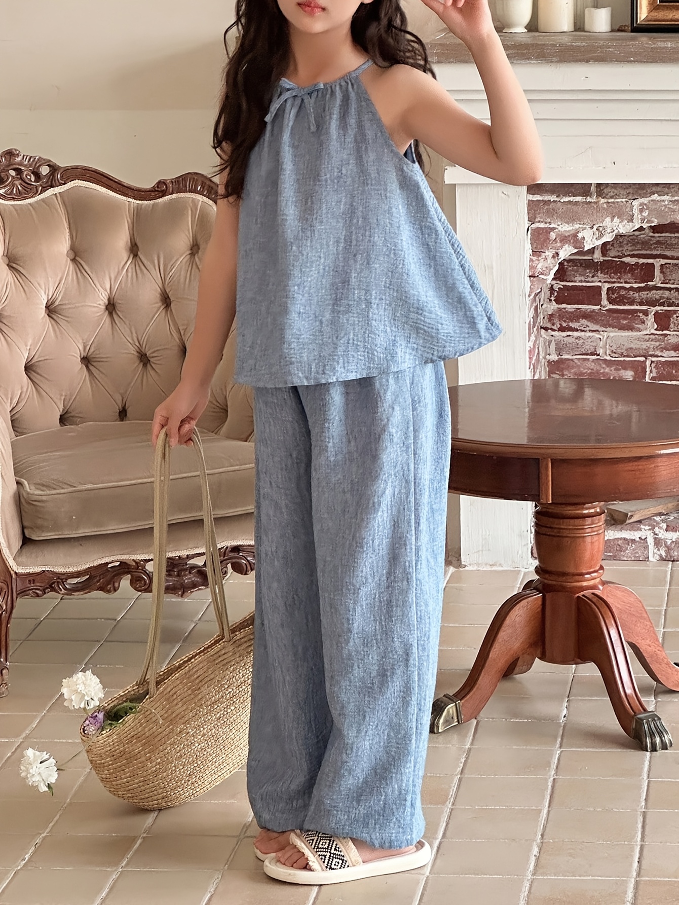 A Stylish Outfit for Girls Featuring a Solid Color Camisole Top And Matching High-Waisted Straight-Leg Wide Pants, Perfect for Casual Summer Outings, for Outdoor, for Teenager, For Teenager