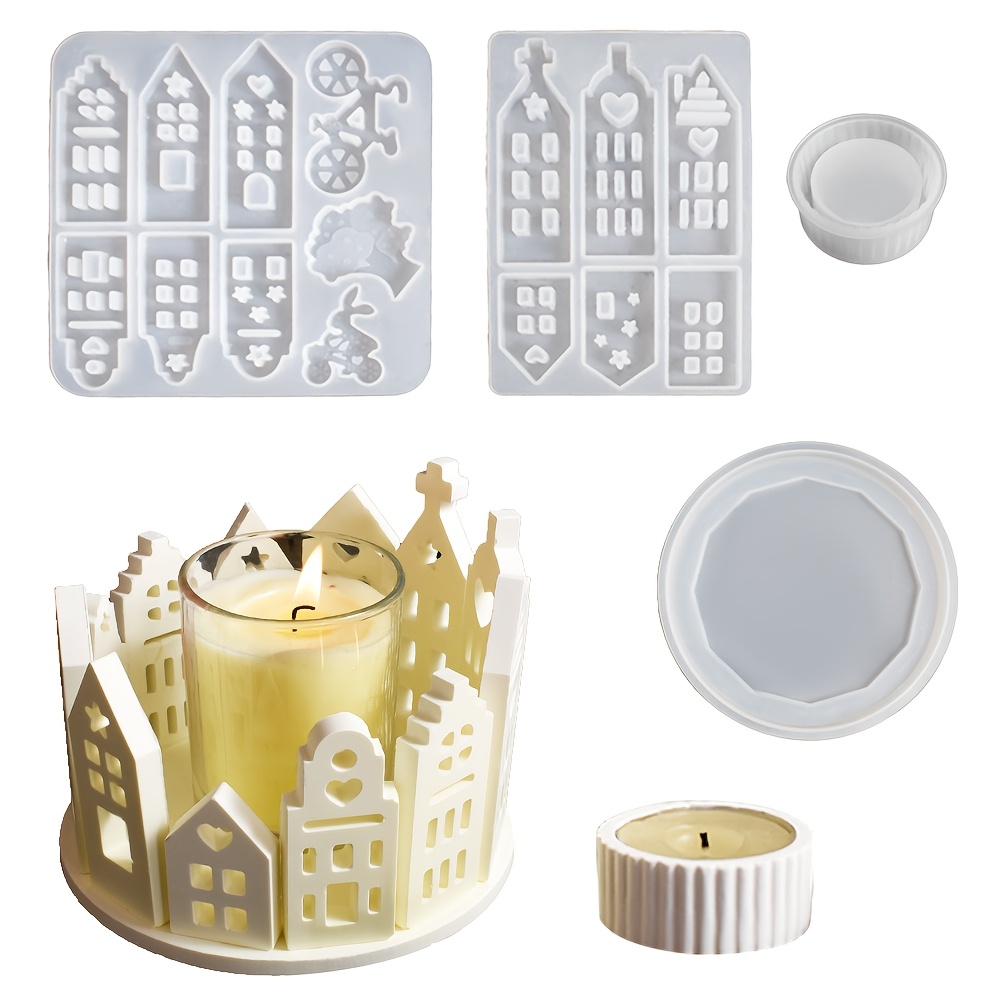 

4pcs Dtoho Silicone Candle Holder Molds Set, 3d Hollowed Castle Shapes, Resin Plaster Cement Concrete Casting, Tea Light Holder Moulds For Handmade Crafts, Home Decor