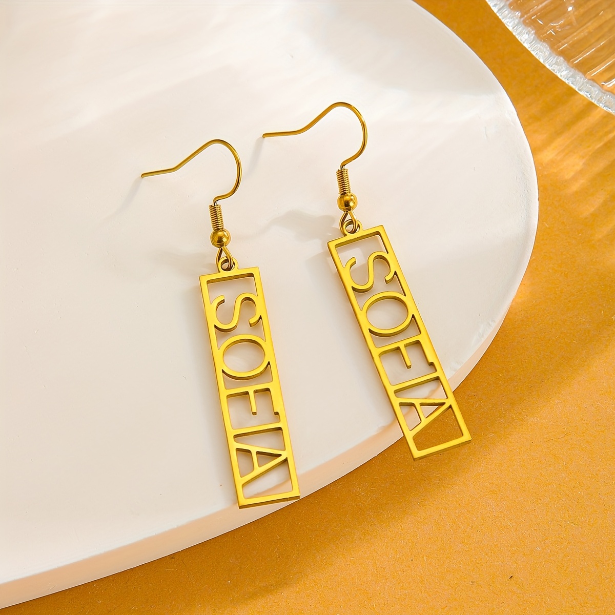 TEMU Custom Women's Earrings, Fashionable Rectangular Pendant, Stainless Steel Jewelry, Elegant Minimalist Style, Suitable For Casual Attire