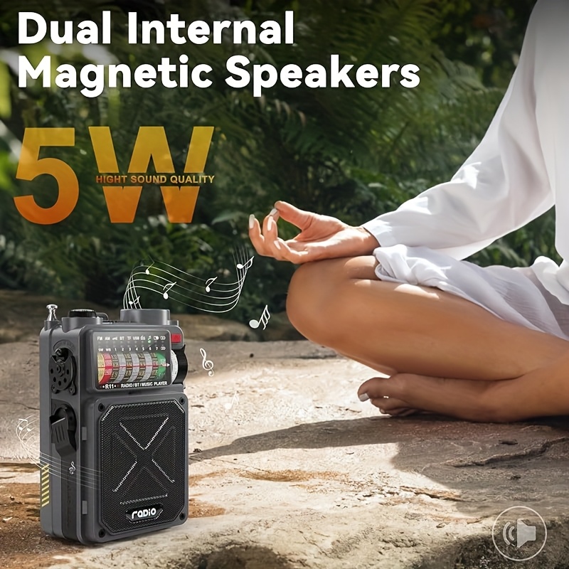 portable multifunctional emergency wireless full   4000mah lithium battery hand crank and solar 5w speakers sos flashlight mp3 player sd usb support for outdoor camping black   leather case christmas halloween fathers day gif 0