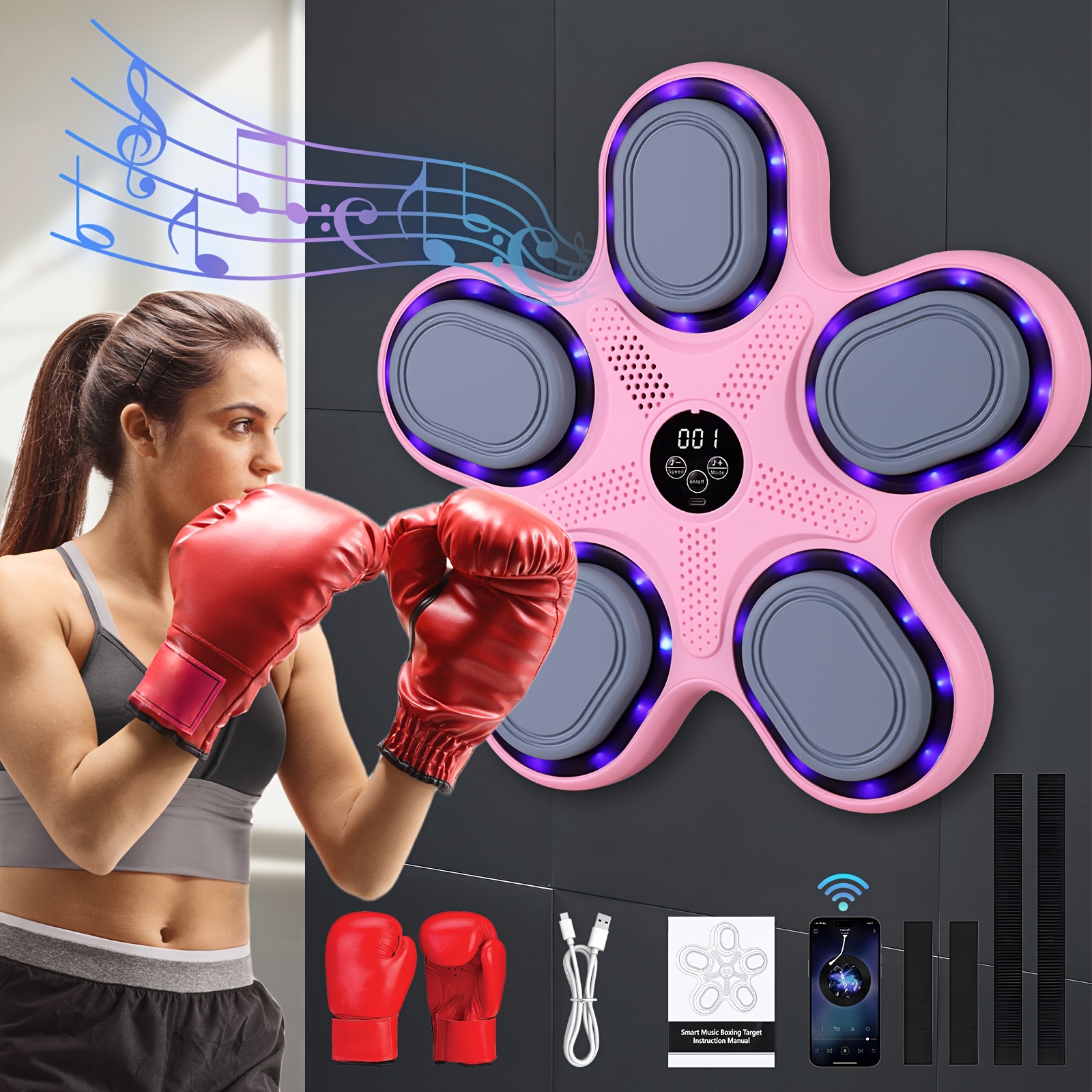 TEMU Machine de boxe interactive, machine de boxe à 9 vitesses réglables avec gants de boxe, chargement USB, équipement d'entraînement mural et