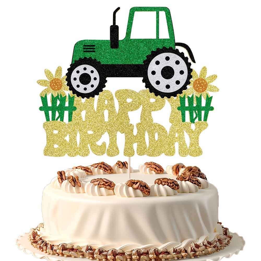 1pc Green Glitter Tractor Happy Birthday Cake Topper, Farm Theme Party Cake Decoration Supplies, Halloween, Christmas