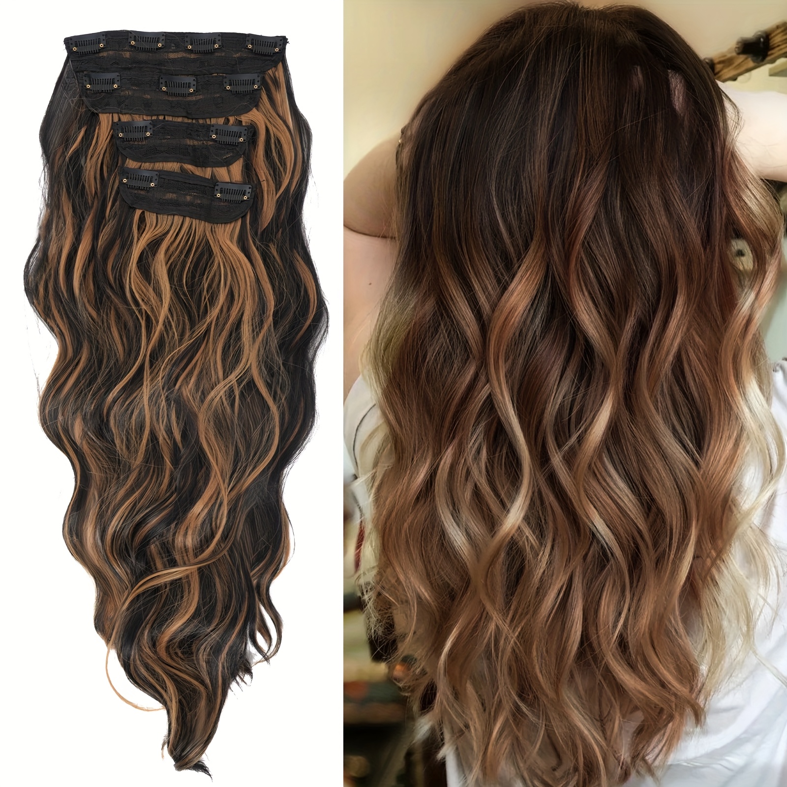 4pcs   clip in hair extensions 20 inch long wavy dark brown with golden highlights thick heat resistant synthetic hairpieces with 2 bb clips storage bag for women all   details 4