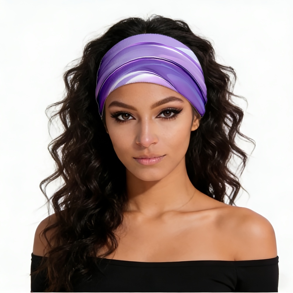 TEMU 1pc 2d Flat Printed Gradient Purple-white Iridescent Texture Headband, For Yoga / Gym / Running, Travel / Outing / Beach, Non-slip / Wide Edge /