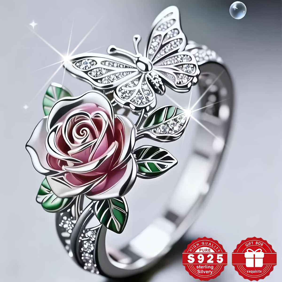 TEMU Elegant 925 Pure Silvery Rose And Drop Oil Ring, With Natural Stone Ring - Perfect For Daily Wear, , Valentine's Day, And Banquet Jewelry - An