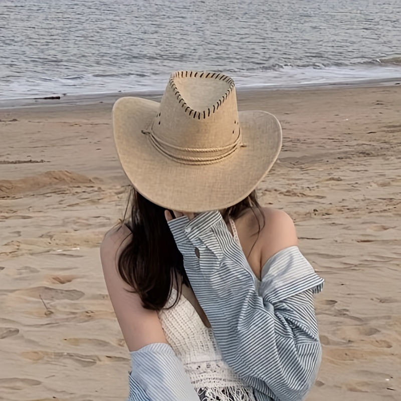 Solid Color Wide Brim Cowboy Hat Adjustable Sun Hat Leisure Style Sunshade Beach Hats For Women - Click Image to Close