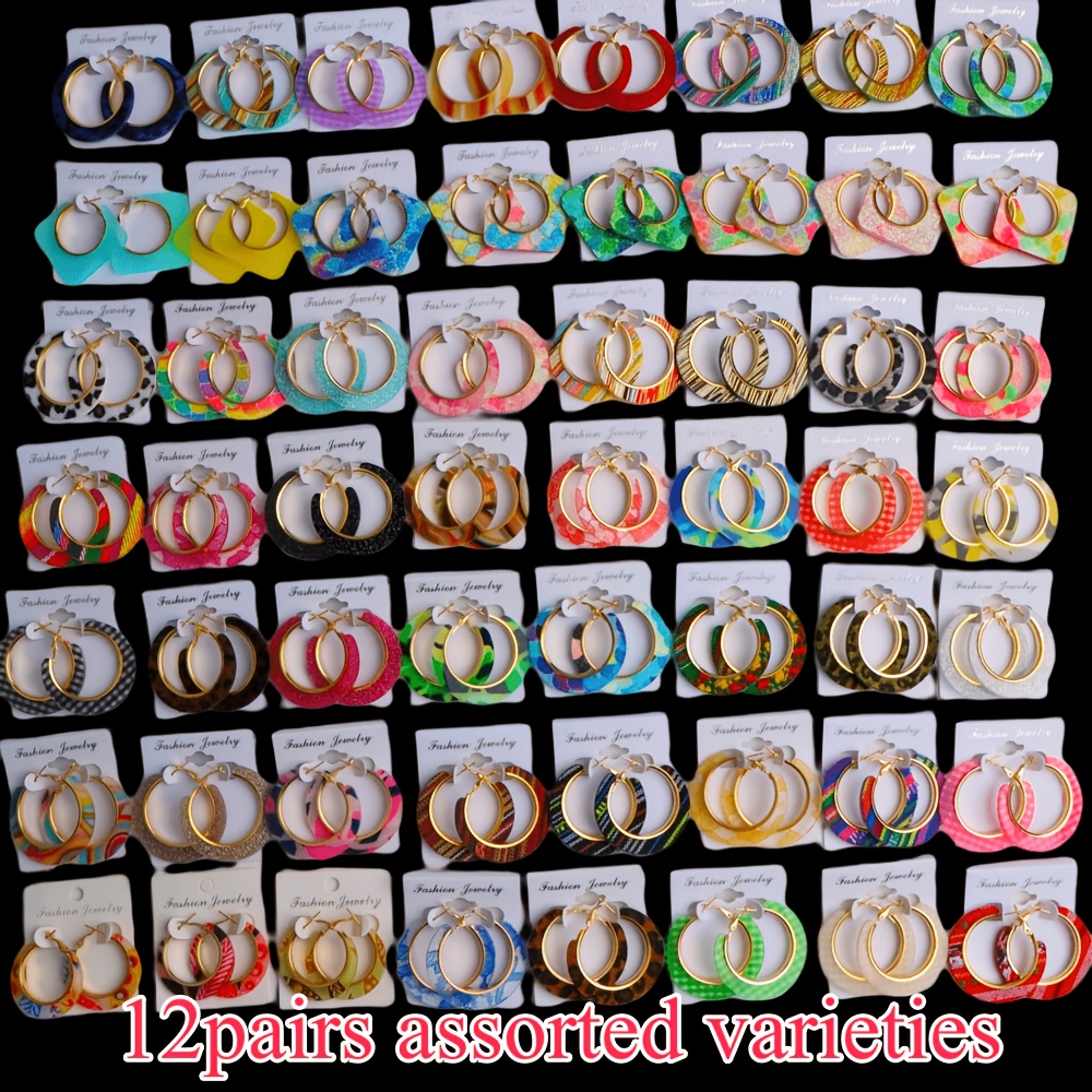 TEMU 12 Pairs Of Fashionable Colored Acrylic Earrings, Irregular Square Earrings With European And Circles, Earrings For Party And Vacation Daily