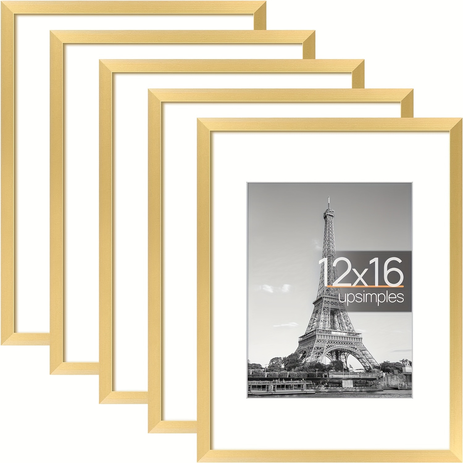 

Upsimples Set Of 5 12x16 Picture Frame, Display Pictures 8.5x11 With Mat Or 12x16 Without Mat, Wall Gallery Photo Frames, Gold