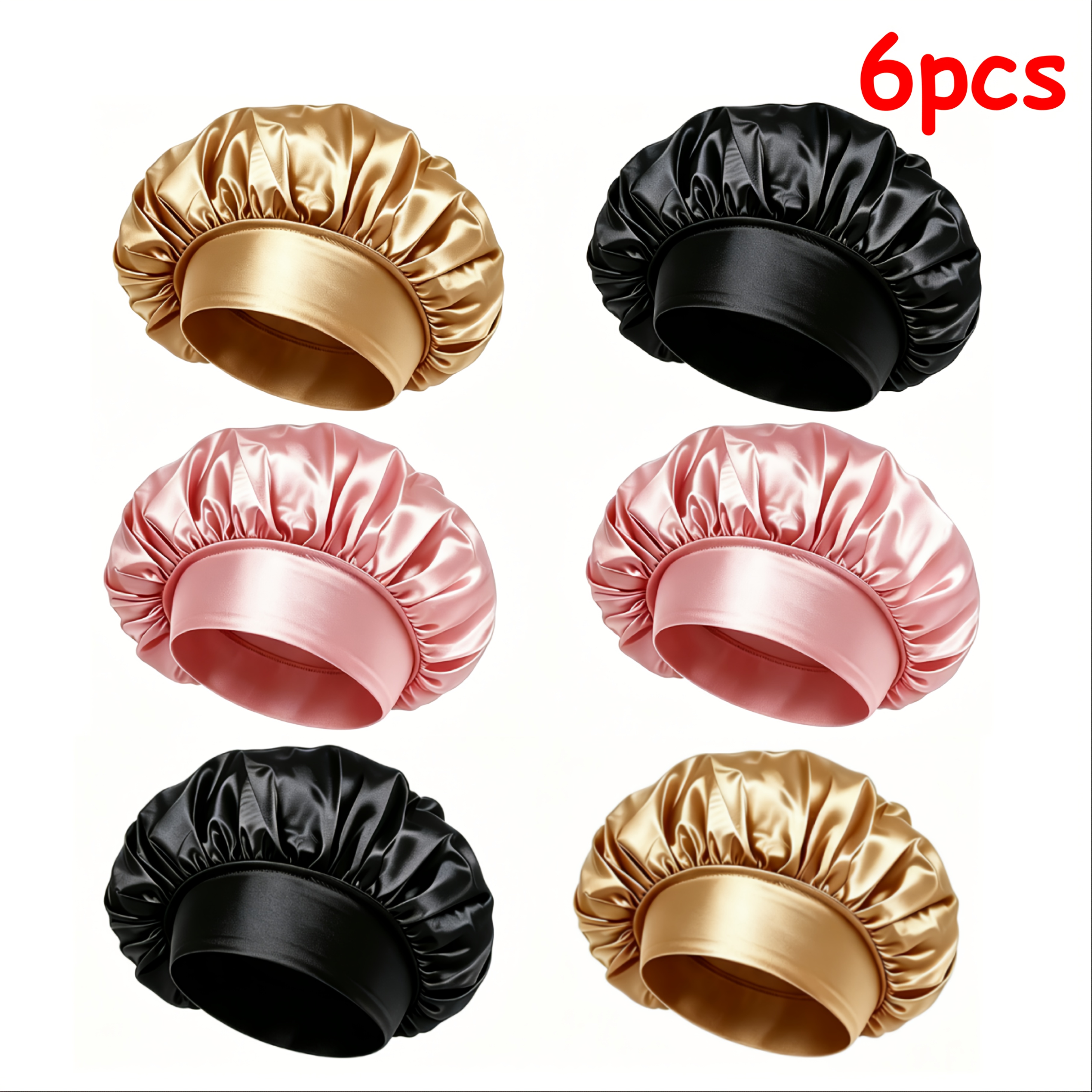 TEMU 6pcs (black, Golden, Pink) 2026 New Women Satin Hairs Bonnet Wide Elastic Band Sleep Shower Curly Straight Hair Night Sleeping Hat Bathroom Bath