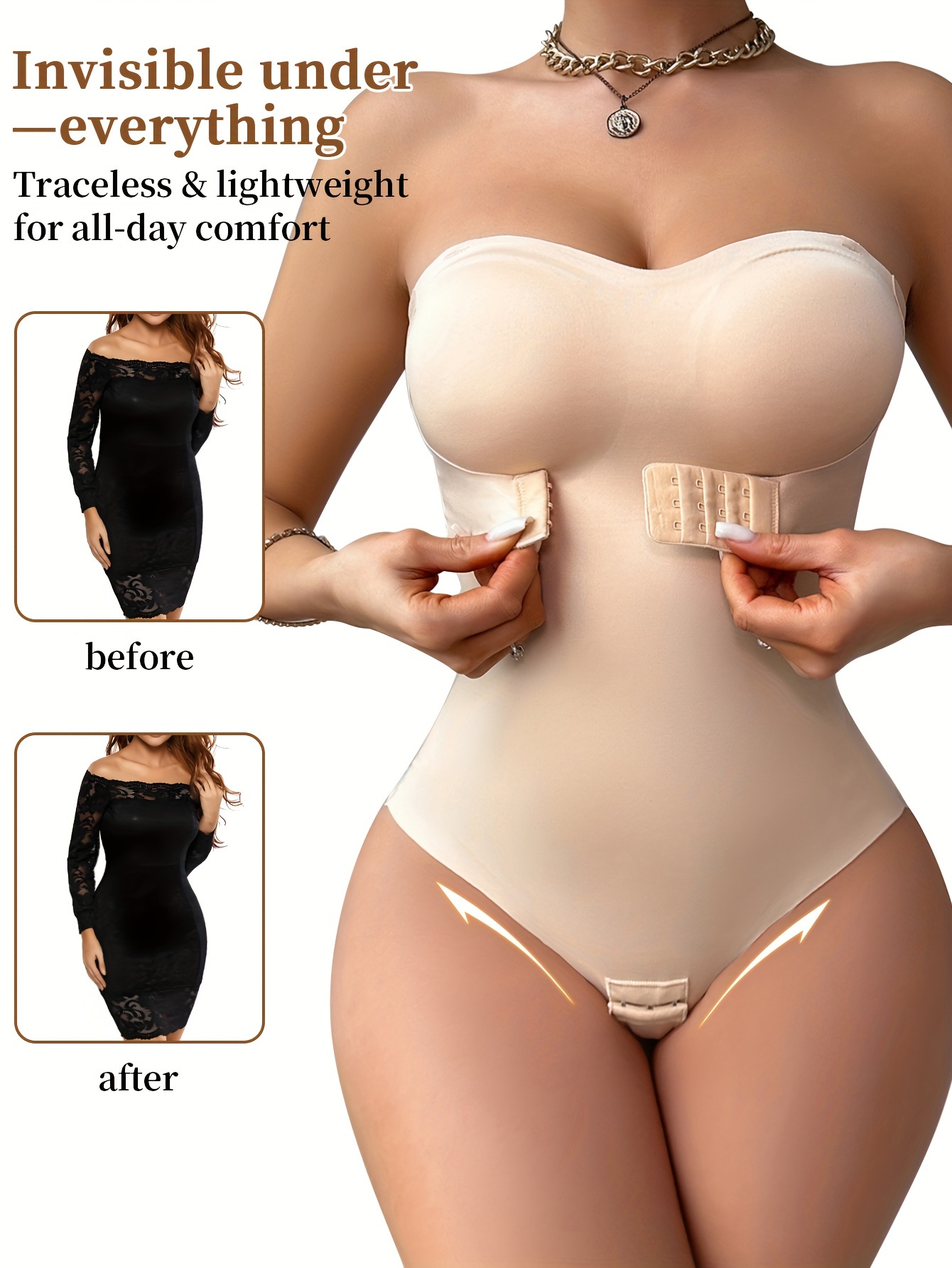 solid seamless strapless front closure bodysuit slimmer bodyshaper womens underwear shapewear details 0