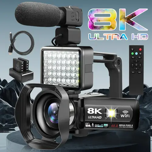 8k 15fps all in one video recorder with 18 zoom webcam vlogging camera wifi enabled microphone remote stabilizer lens hood flash dual batteries charging stand 32gb sd card photography christmas gifts