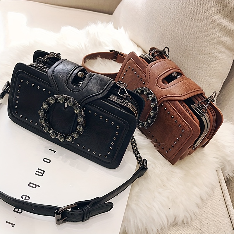 

[1pc Punk Style Rhinestone Shoulder Bag] Punk Style Round Rhinestone Shoulder Crossbody Bag, Leather With Rivet Detail, Zipper Closure, Polyester Lined, Hand Washable, For Women And Music Festivals