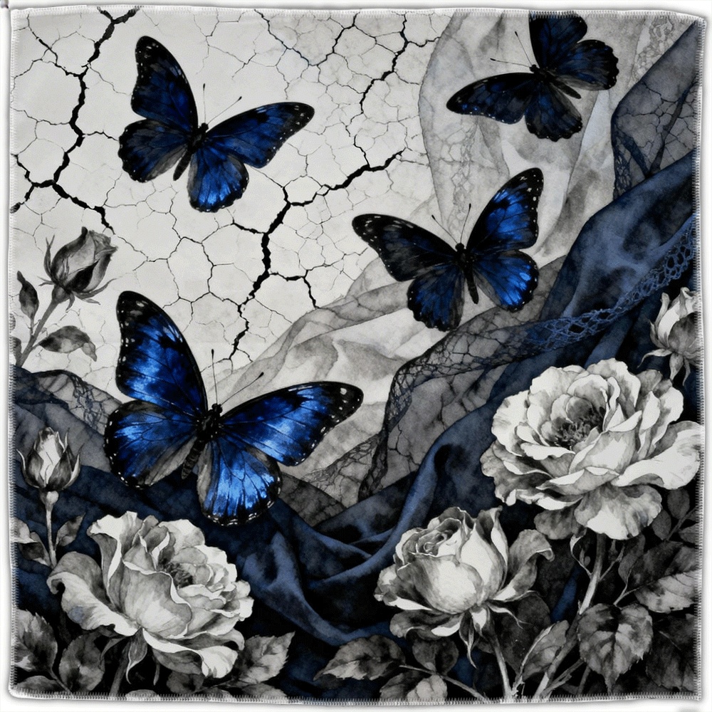 TEMU 1pc Authorized Women's Scarves, Blue Butterflies And White Roses Scarf, Exquisite Square Scarf, Decorative Neck Wrap, Suitable For Outdoor
