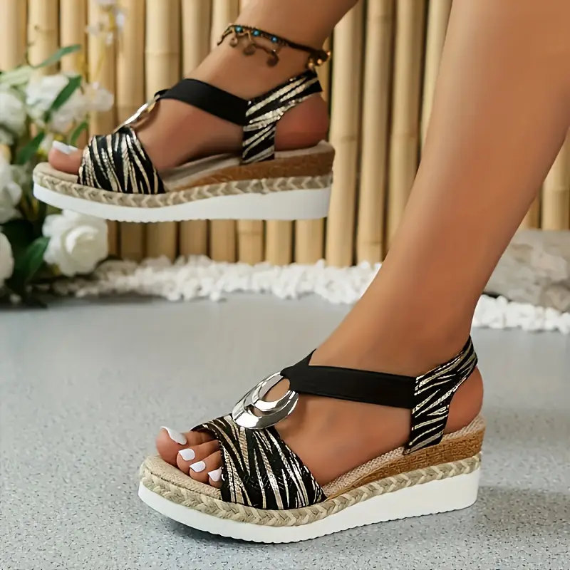 womens strappy back wedge sandals summer casual open toe shoes with metallic accents eva sole fabric upper slip Product details 4