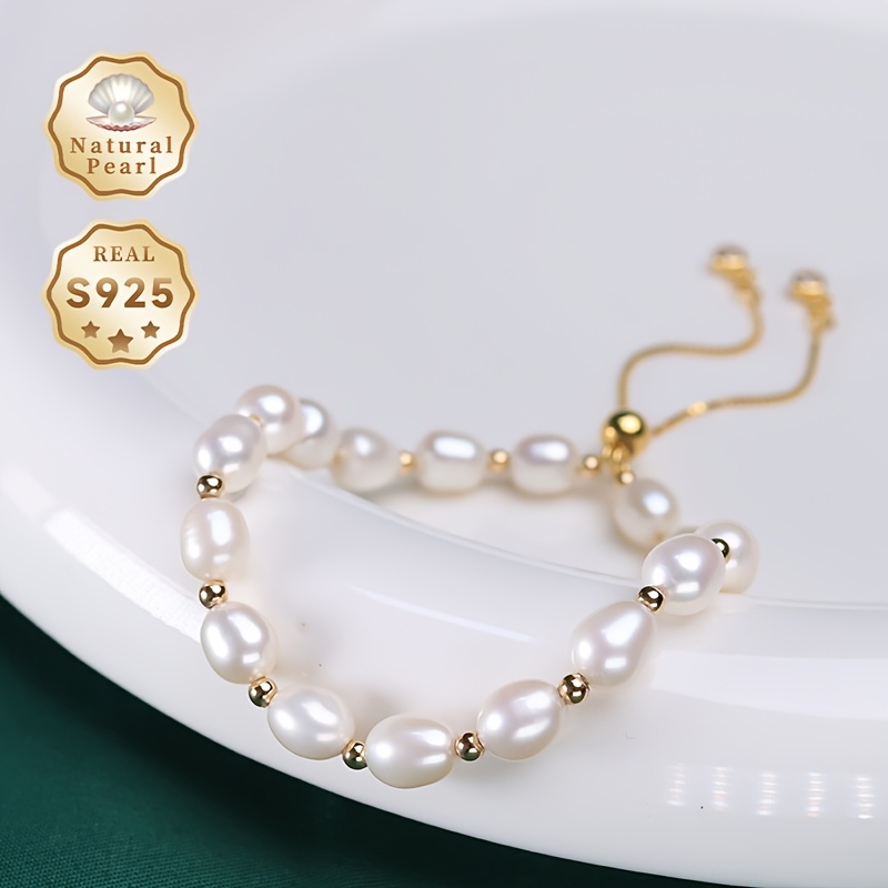 Freshwater Pearls Bracelet S925 Silver 5-7mm Rice Shape Adjustable Length