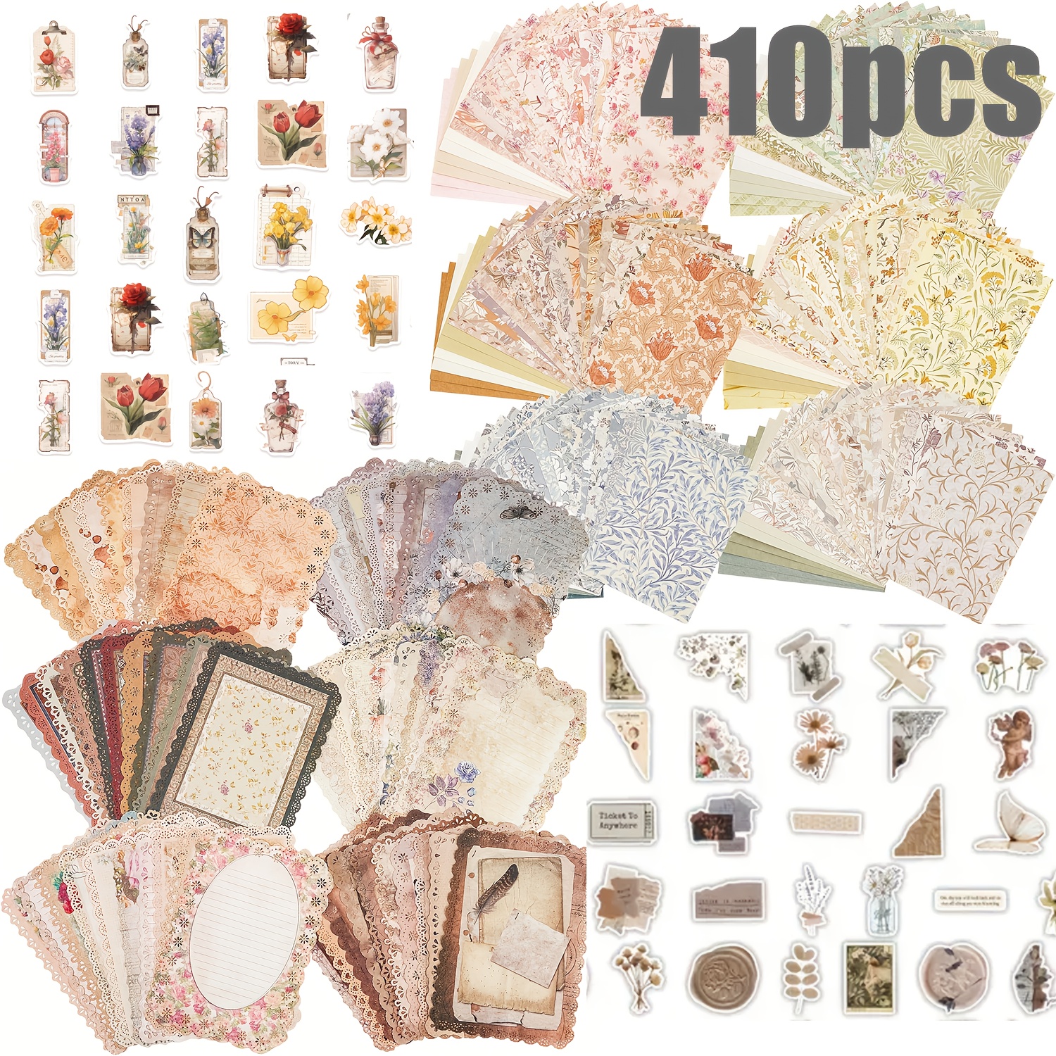 

410 Sheets Lace Stationery Paper Assorted Set -300pcs Vintage Paper For Letter Writing Scrapbooking, 110 , Embellishments Planner Junk Journal Supplies Collage Background 4.9x6.9 Inch