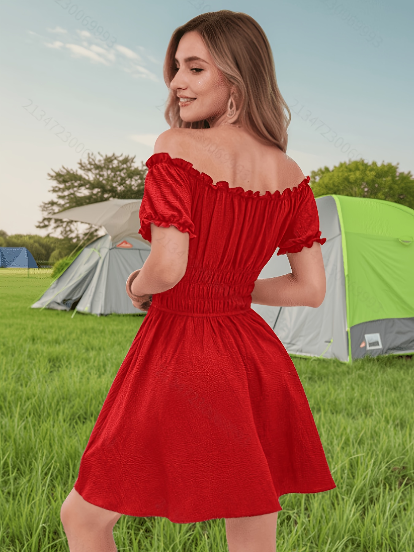 women's shoulder ruffle hem mini dress red knotted shoulder Temu