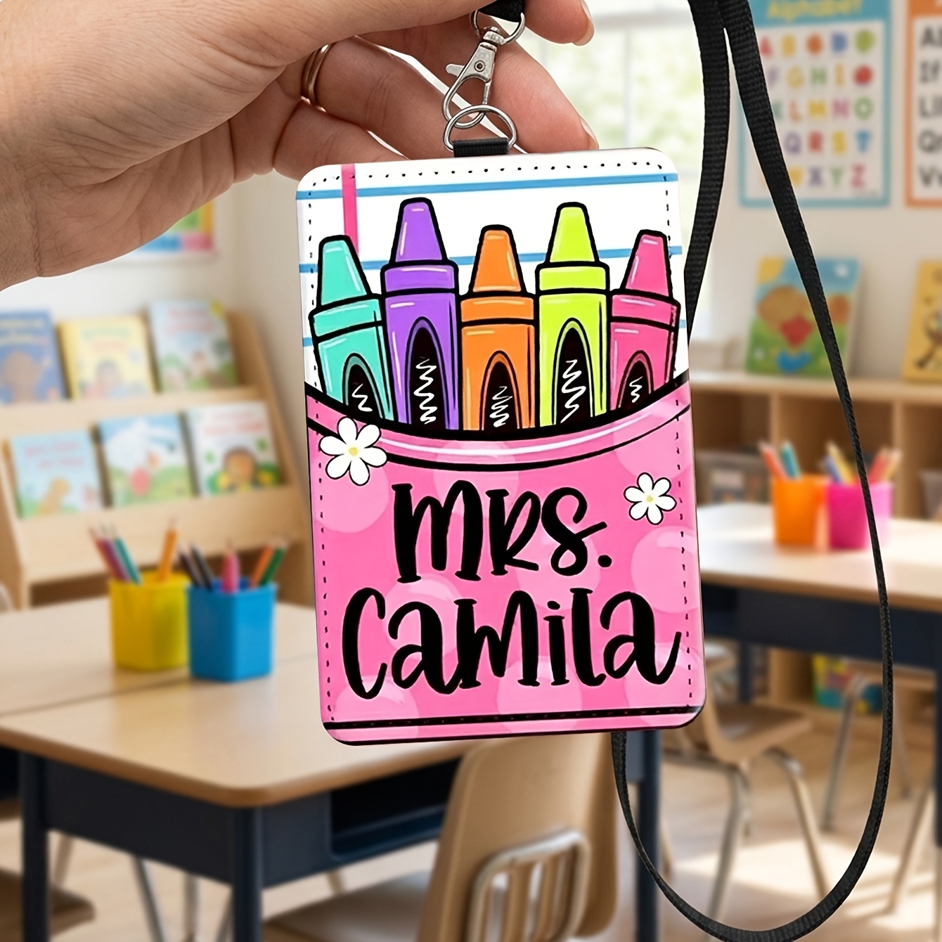 TEMU 2d Custom Polyurethane Faux Leather Id Card Holder With Teacher Theme, 4 Patterns (pencils, , Crayons), Personalizable With Teacher's Name,